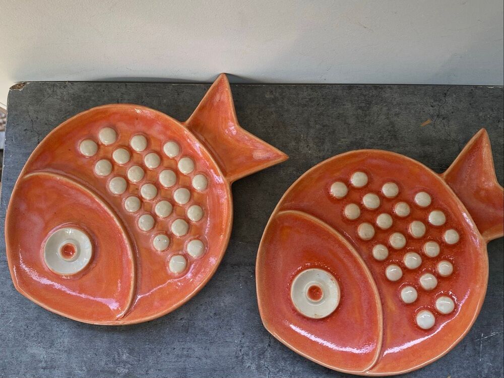Global Views Coastal Fish Wall Decor Ceramic Orange Set of 2 Beach House